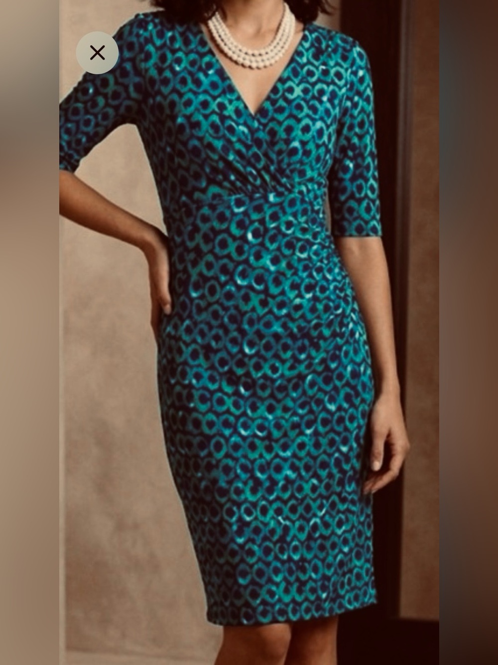 Lauren Ralph Lauren Teal Patterned Crossover V-Neck Ruched Faux Wrap Midi Dress